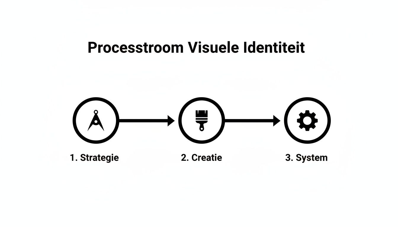 Een infographic die de processtroom voor visuele identiteit toont, met stappen Strategie, Creatie en Systeem.