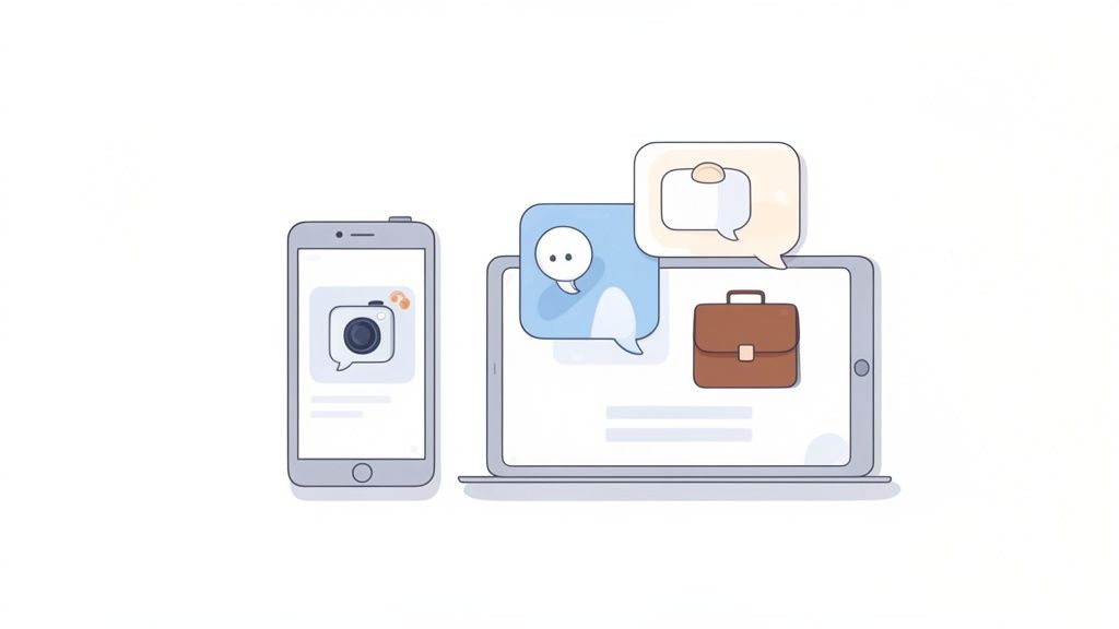 Een smartphone en laptop tonen icons voor sociale media, fotografie en zakelijke communicatie.