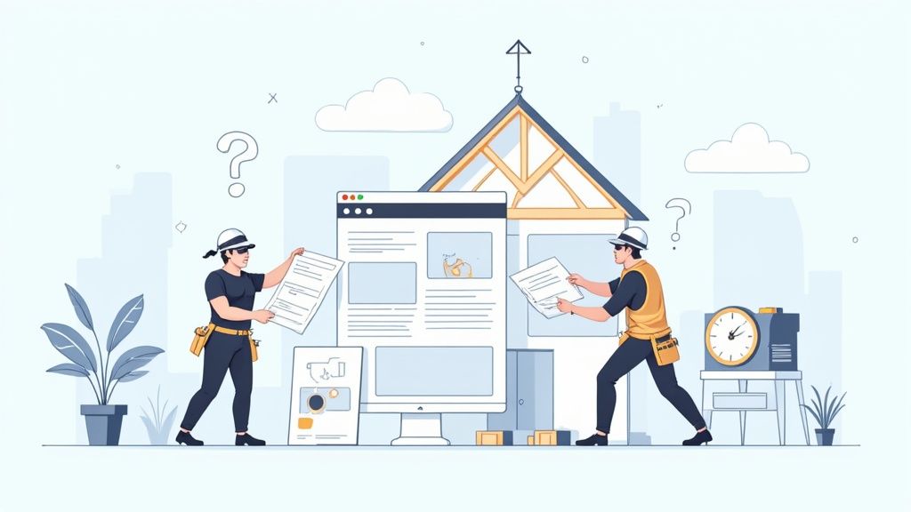 Twee mensen bouwen een website-interface met papieren, een computer en een huisdak, wat digitale constructie symboliseert.