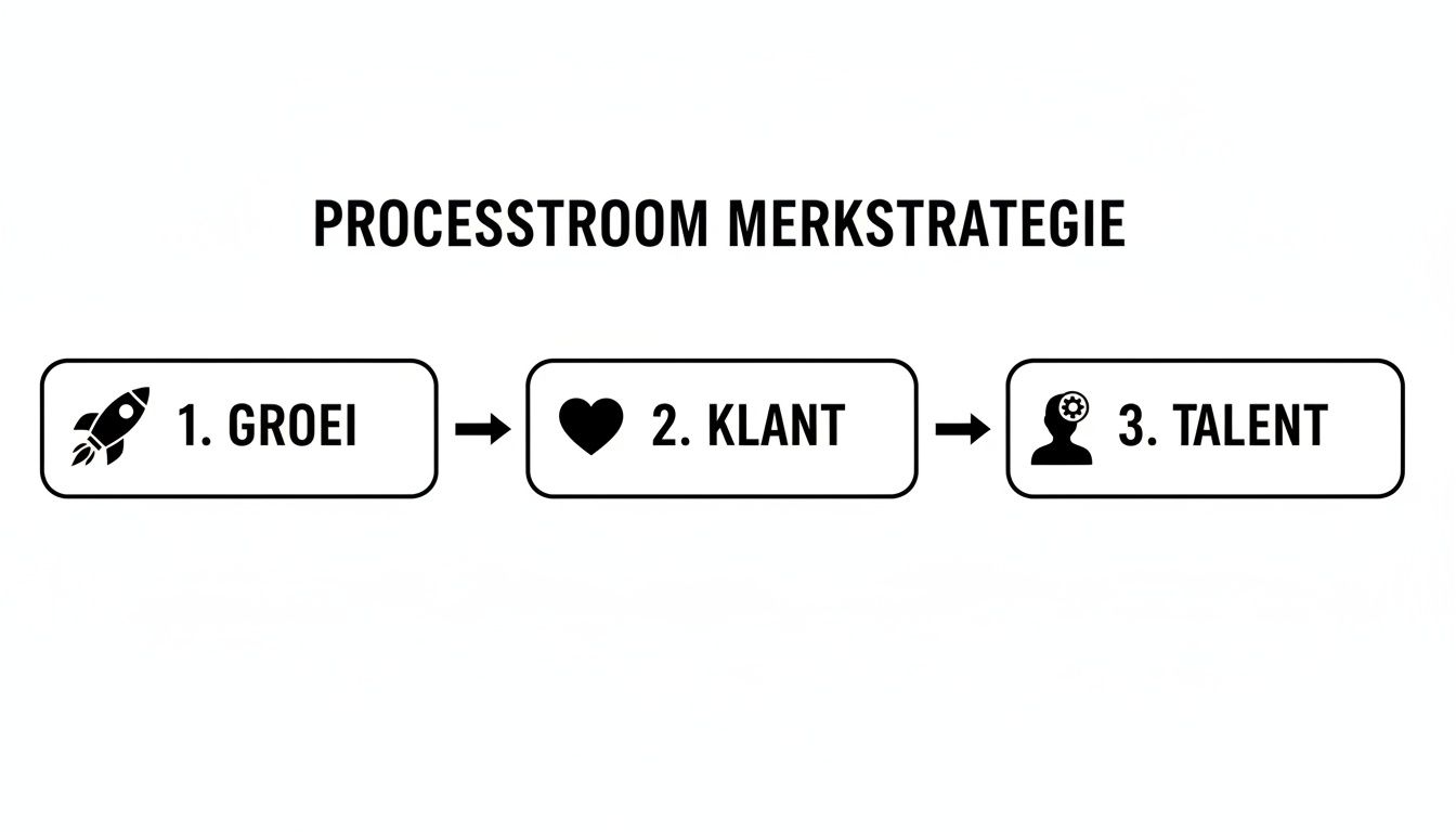 Processtroomdiagram voor merkstrategie: groei (raket), klant (hart) en talent (hoofd met tandwiel).