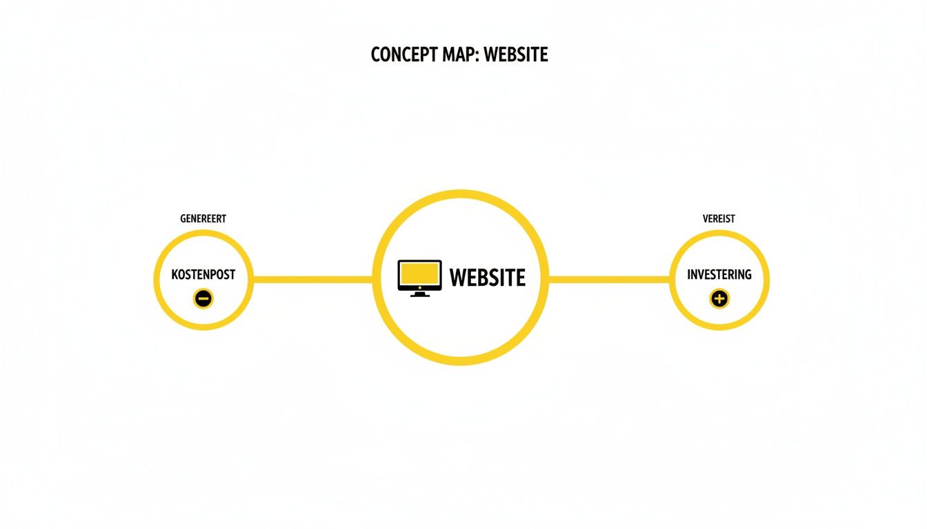 Conceptkaart die de relatie tussen een website, gegenereerde kosten en vereiste investering visualiseert.
