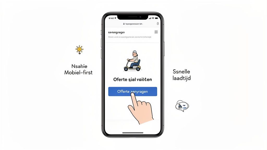 Een smartphone toont een mobiel-first website voor het aanvragen van een offerte voor een scootmobiel.