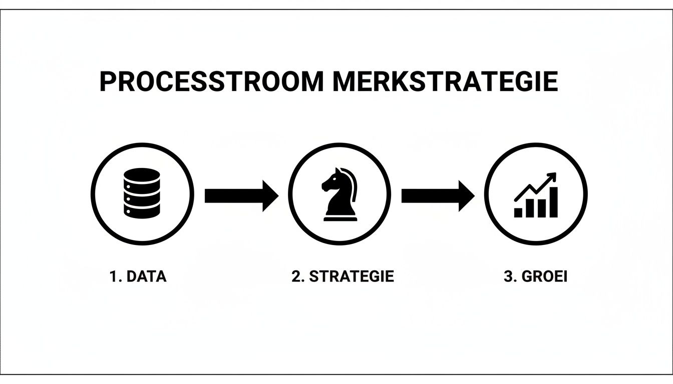 Een infographic die de processtroom van merkstrategie visualiseert, beginnend bij data, vervolgens strategie en eindigend met groei.
