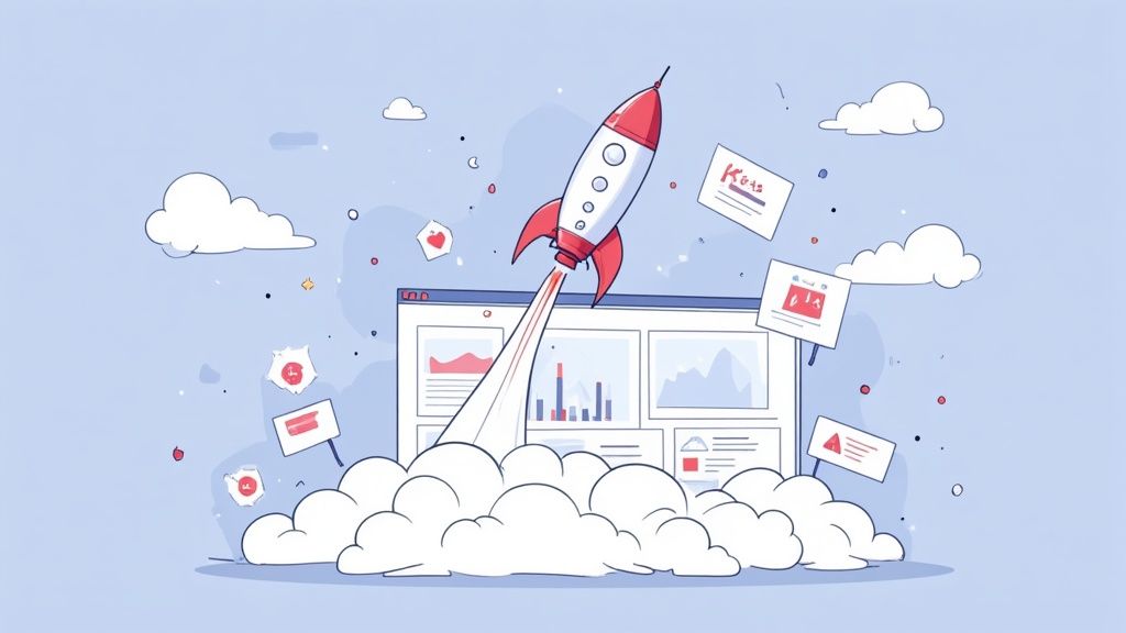 Raket lanceert vanuit website dashboard met grafieken en analytics, symboliseert digitale groei en rebranding