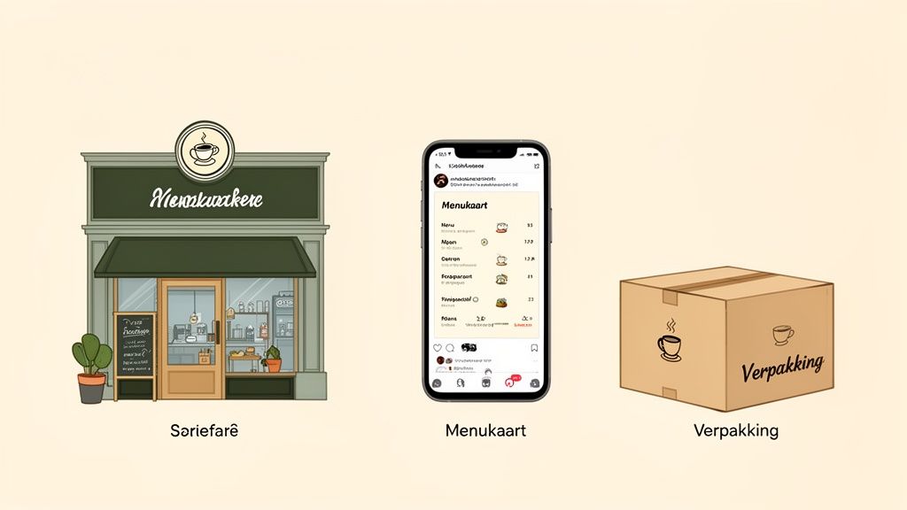 Illustratie van een koffiehuis, een digitale menukaart en een afhaalverpakking voor een bedrijf.