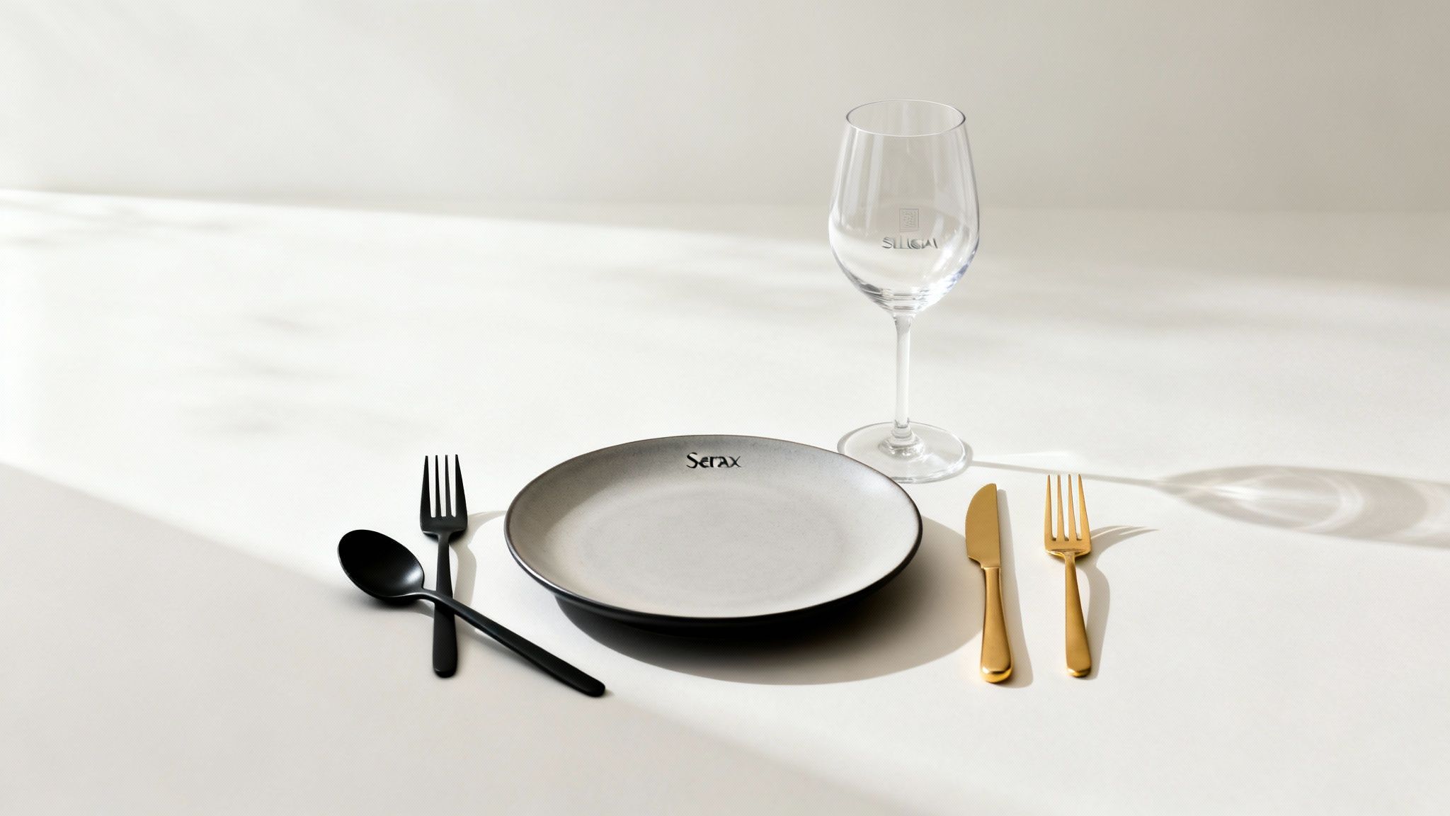 Elegant gedekte tafel met luxe servies, gouden en zwart bestek en wijnglas voor bruiloft