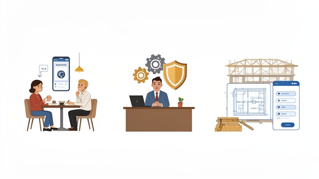 Illustratie van een proces: overleg, planning en uitvoering van een bouwproject met digitale ondersteuning.