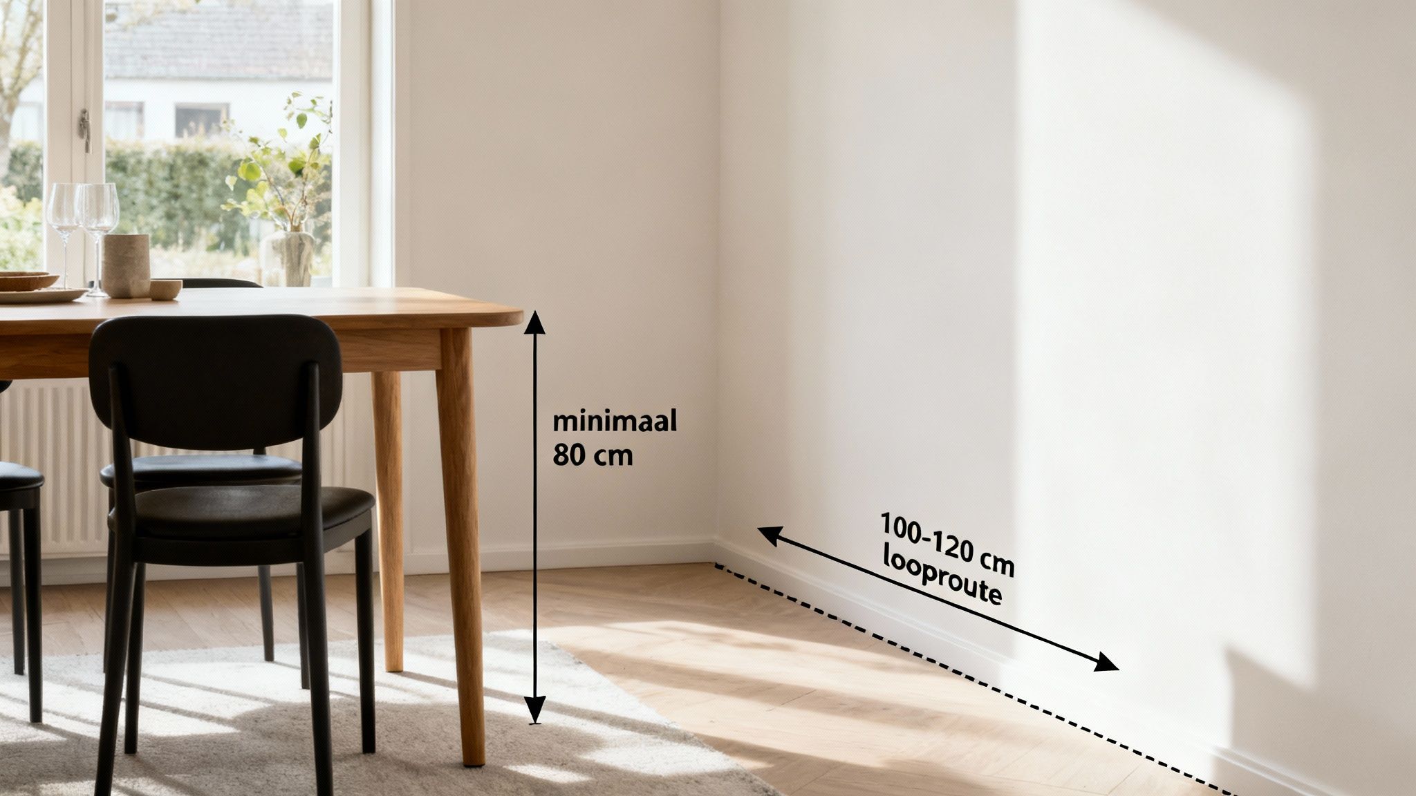 Visualisatie van aanbevolen afmetingen in een eetruimte met tafel, stoelen en looproute.