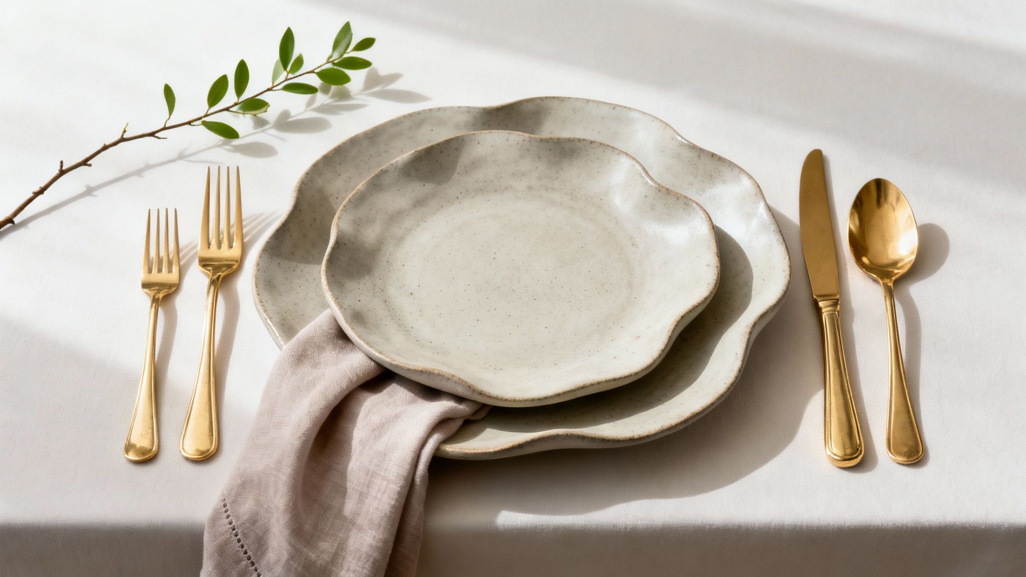 Elegant gedekte tafel met designer gouden bestek en handgemaakte keramische borden in rustieke stijl