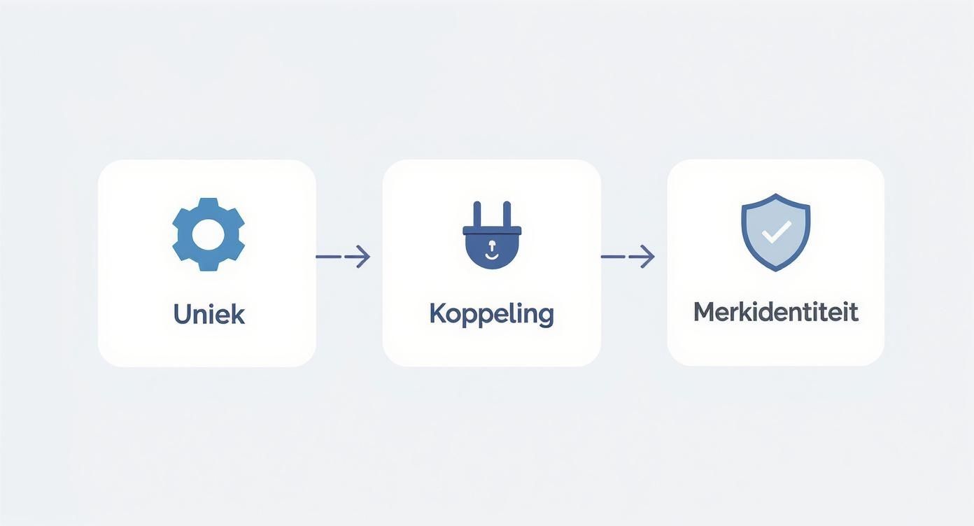 Infographic die het proces van maatwerk websites illustreert met iconen voor unieke processen, software koppelingen en merkidentiteit.
