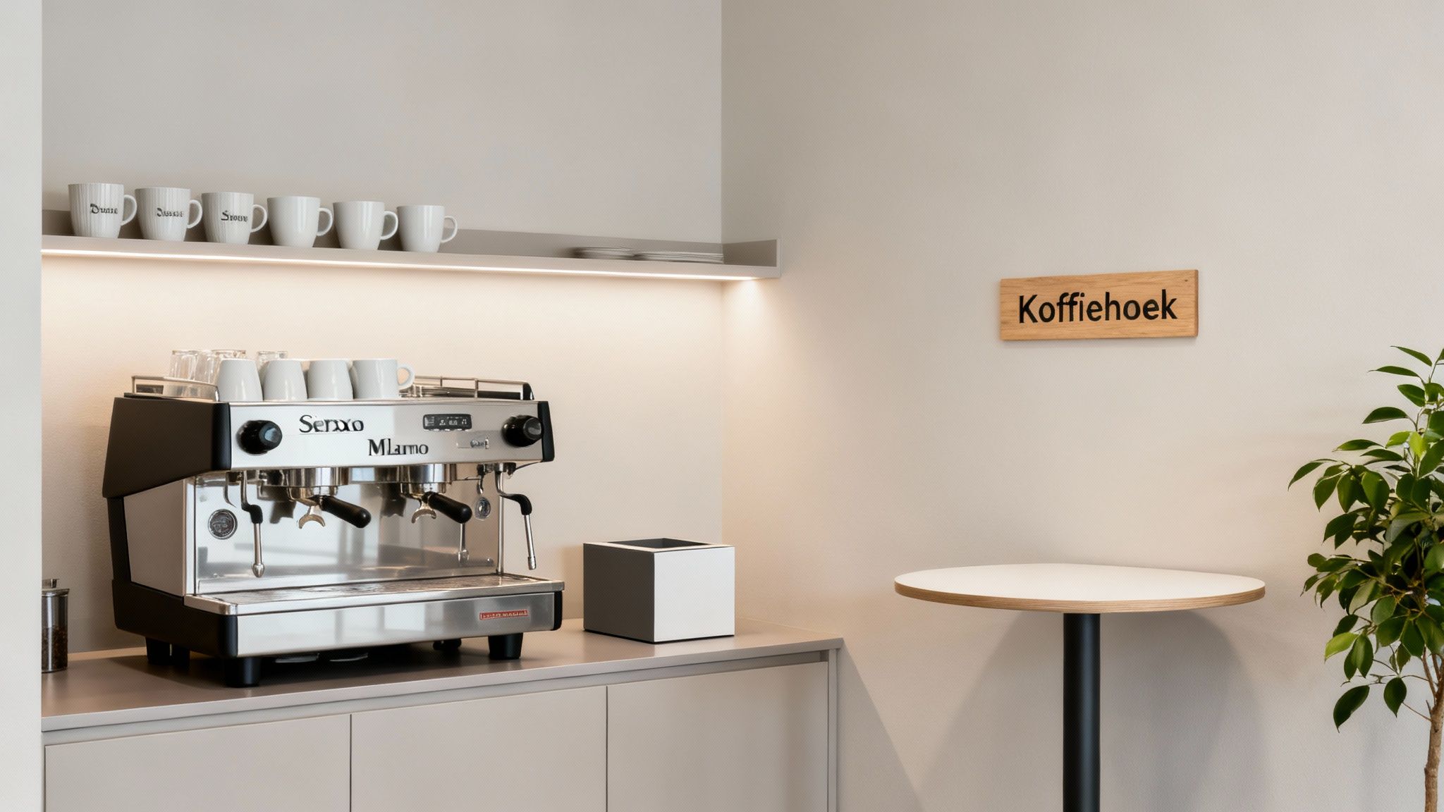 Een moderne koffiehoek met een glanzend espressomachine, opgestapelde kopjes, een hoge tafel en een groene plant.