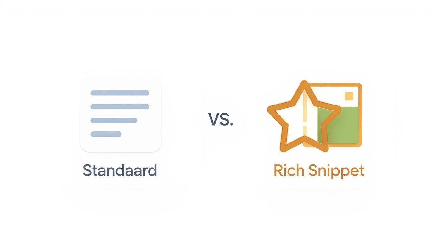Infographic die het verschil toont tussen een standaard zoekresultaat en een rich snippet