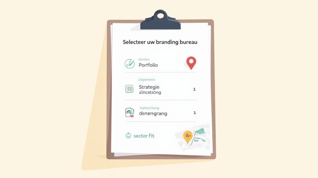 Afbeelding van een klembord met een checklist voor het selecteren van een branding bureau, inclusief criteria zoals portfolio en sector fit.