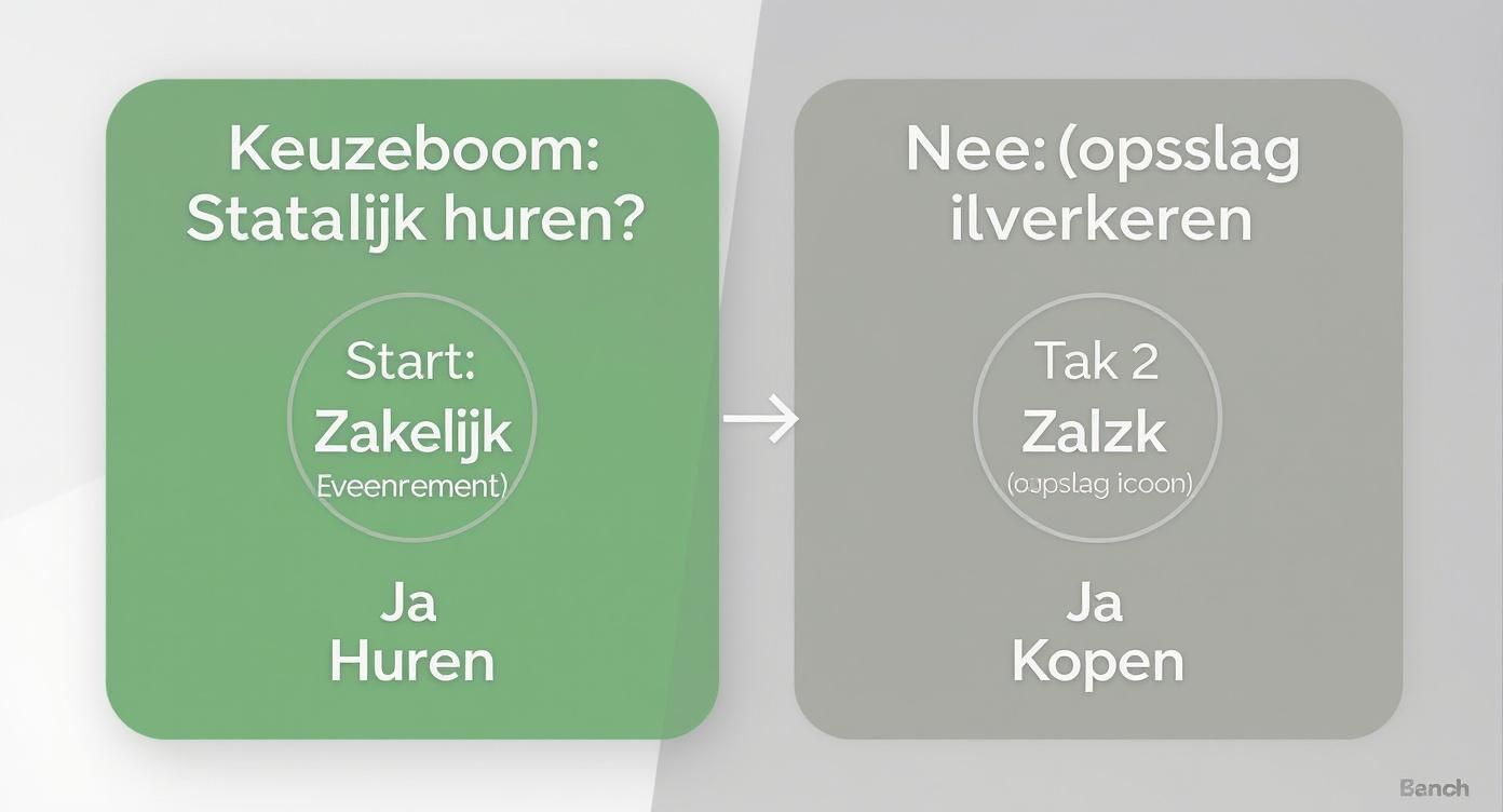 Beslissingsboom voor zakelijk huren van statafels, met opties voor huren, opslag en kopen.