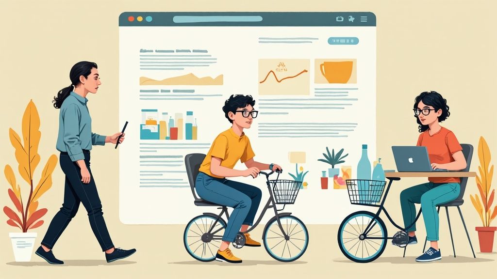 Drie mensen interageren met een grote, open website-interface; de een loopt, de ander fietst, en de derde werkt aan een laptop.