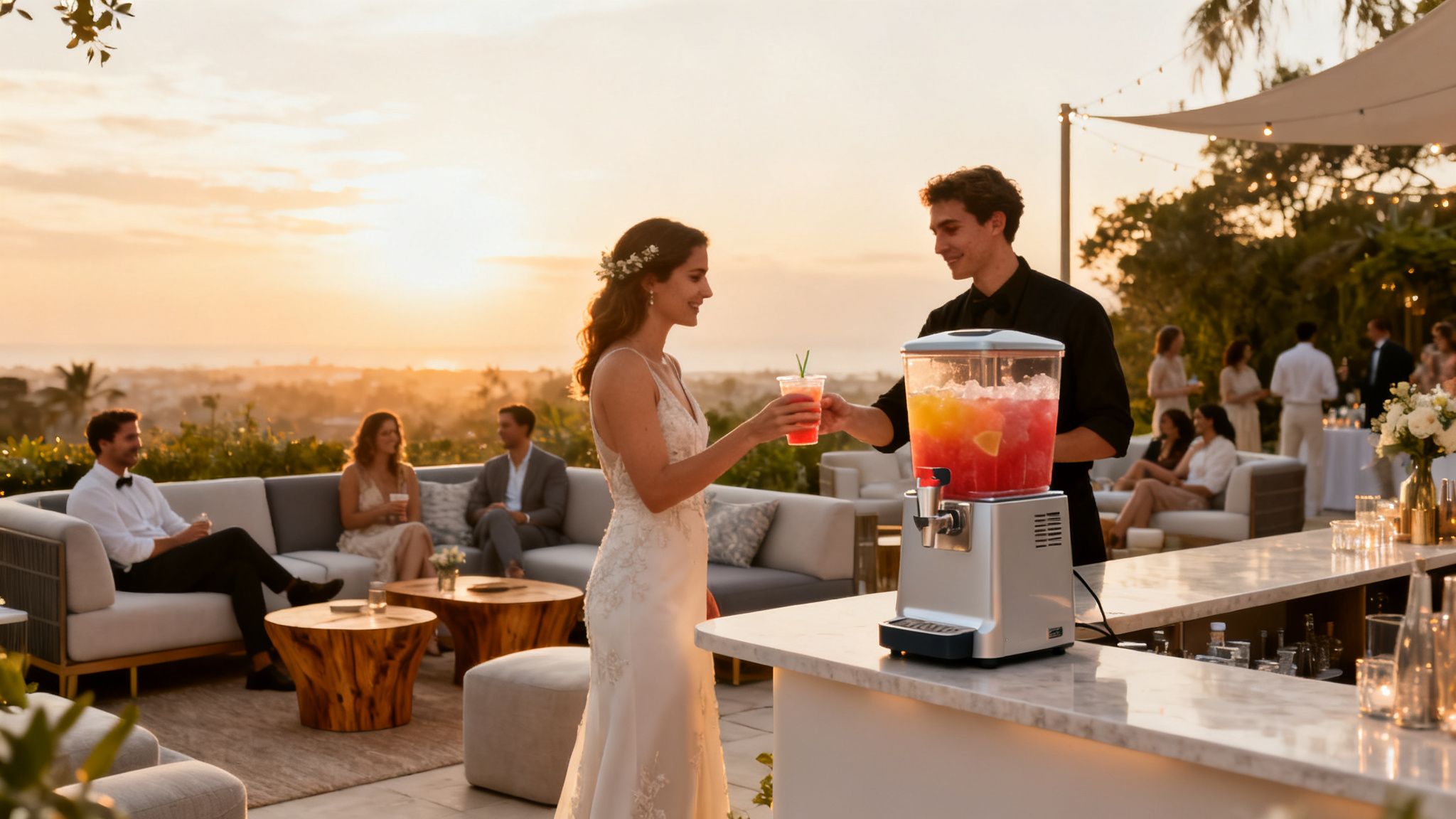 Een bruid ontvangt een drankje van een barman bij zonsondergang op een elegante buitenbruiloft, met gasten en een slush puppy machine.