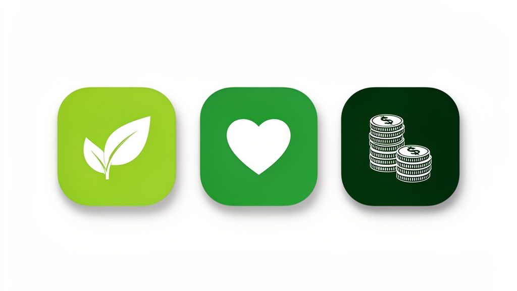 Drie groene iconen met bladeren, een hart en muntstukken, die natuur, welzijn en financiën symboliseren.