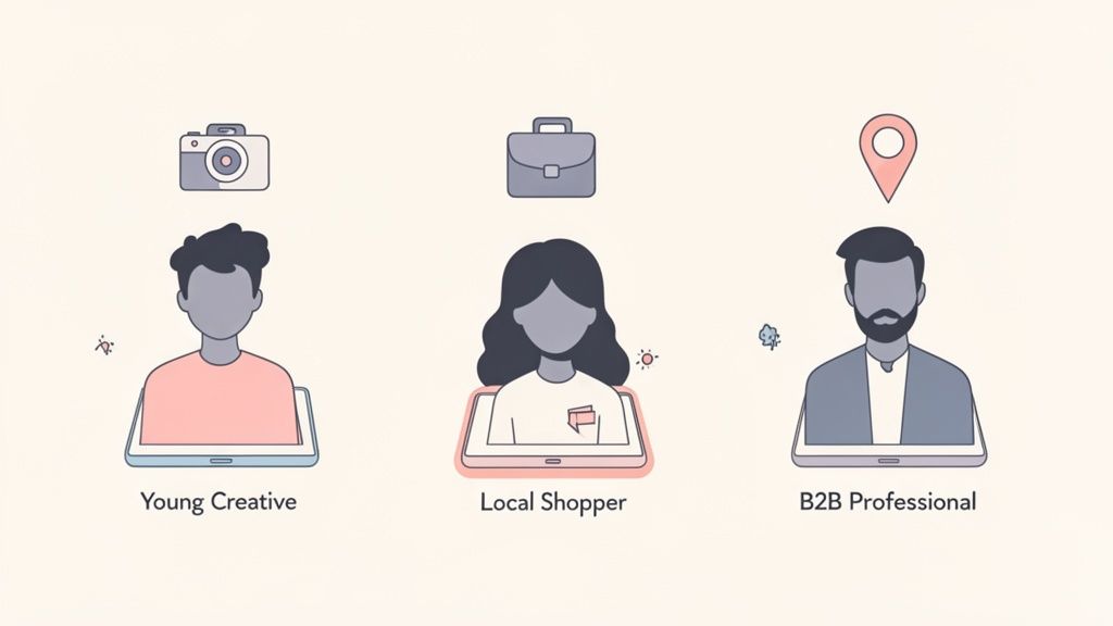 Drie gebruikersprofielen: jonge creatieveling, lokale shopper en B2B-professional, elk met bijpassend pictogram.