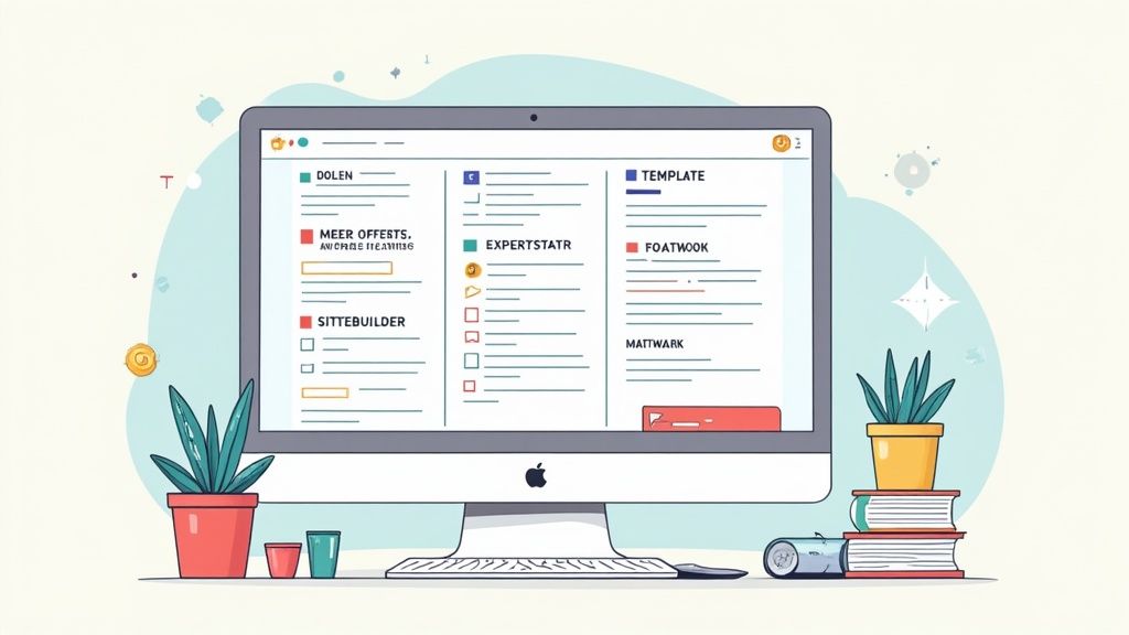 Desktop computer toont projectmanagement dashboard met verschillende website bouwtools en templates voor bedrijfswebsites