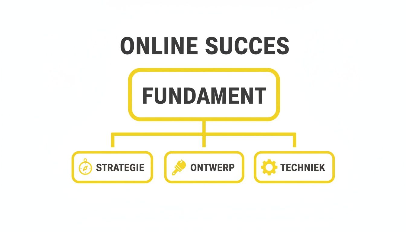 Een schema toont online succes, met als fundament strategie, ontwerp en techniek, duidelijk weergegeven.