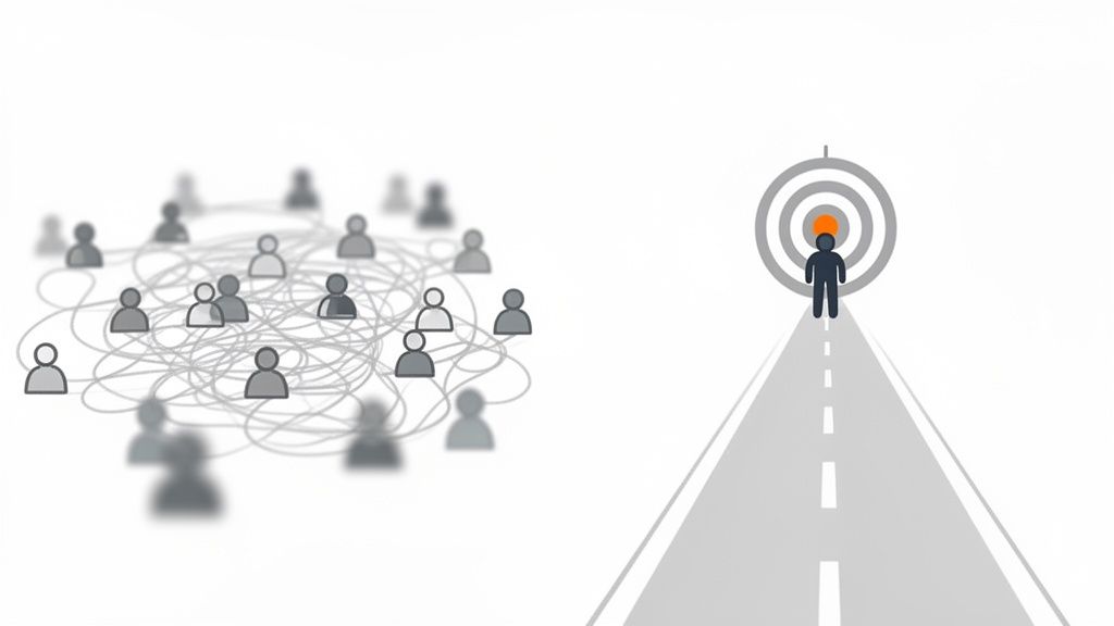 Afbeelding van een netwerk van mensen en een individu op weg naar een specifiek doelwit.