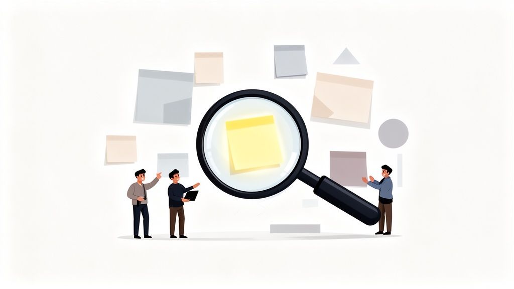 Drie mensen analyseren post-its en ideeën met een vergrootglas op een whiteboard.