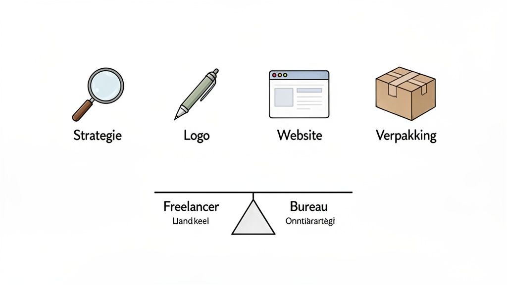 Illustratie die de vergelijking toont tussen een freelancer en een bureau voor diensten als strategie, logo, website en verpakking.