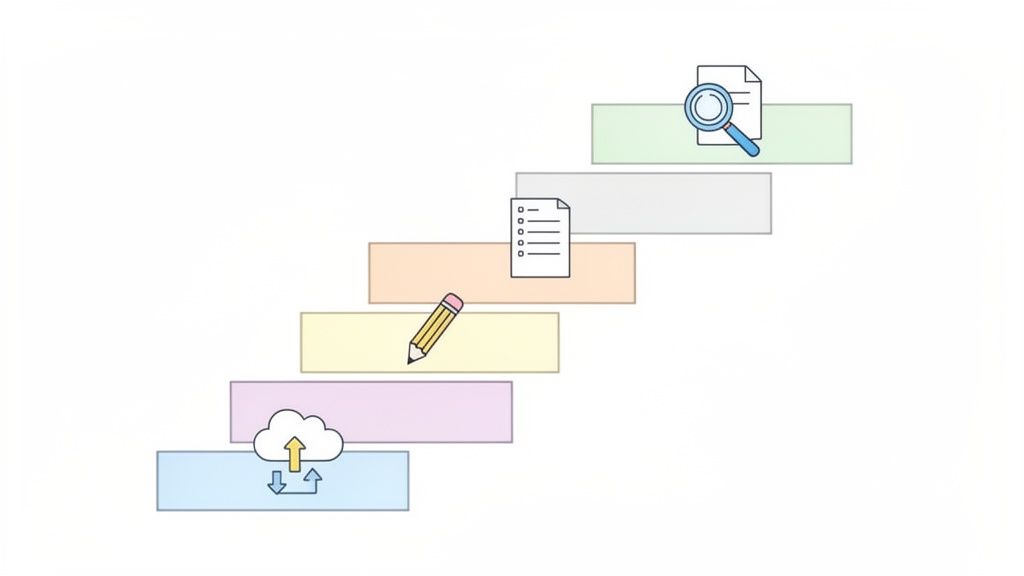 Een trap van gekleurde blokken met pictogrammen die stappen in een proces voorstellen, zoals cloudopslag, schrijven, checklist en onderzoek.