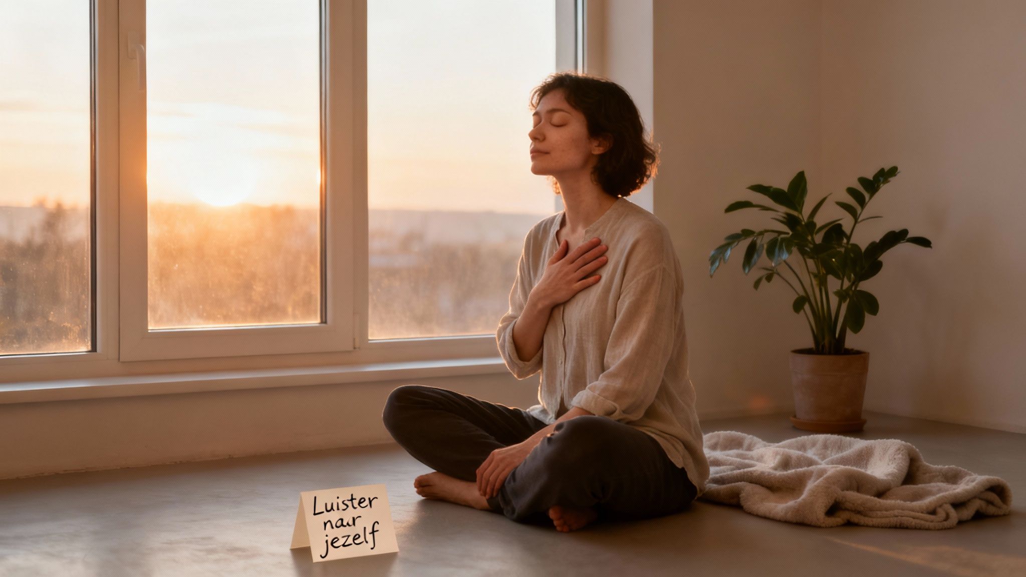 Een vrouw mediteert bij het raam tijdens zonsondergang, met een inspirerende boodschap op de vloer.