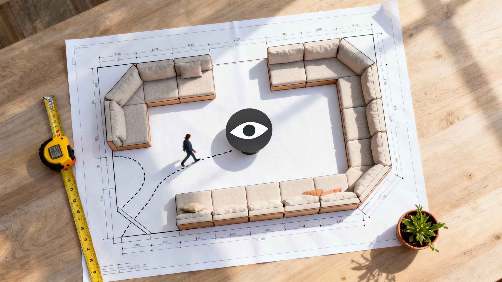 Plattegrond met loungemeubilair, meetlint en miniatuurfiguur die een pad volgt rond een tafel met oogicoon.
