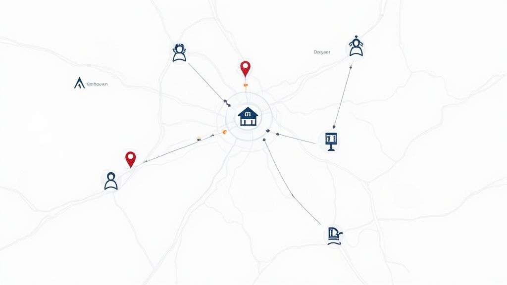 Kaart met een centraal huis, verbonden met mensen, locaties en apparaten, die een netwerk of logistiek voorstelt.
