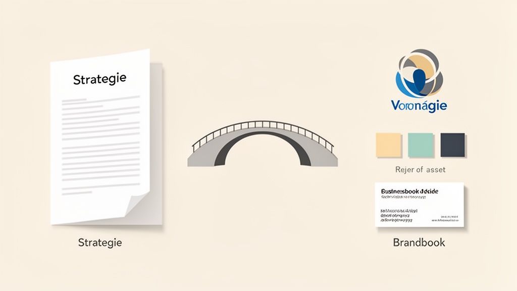 Een visuele weergave van strategie, via een brug, naar een merklogo en brandbook.