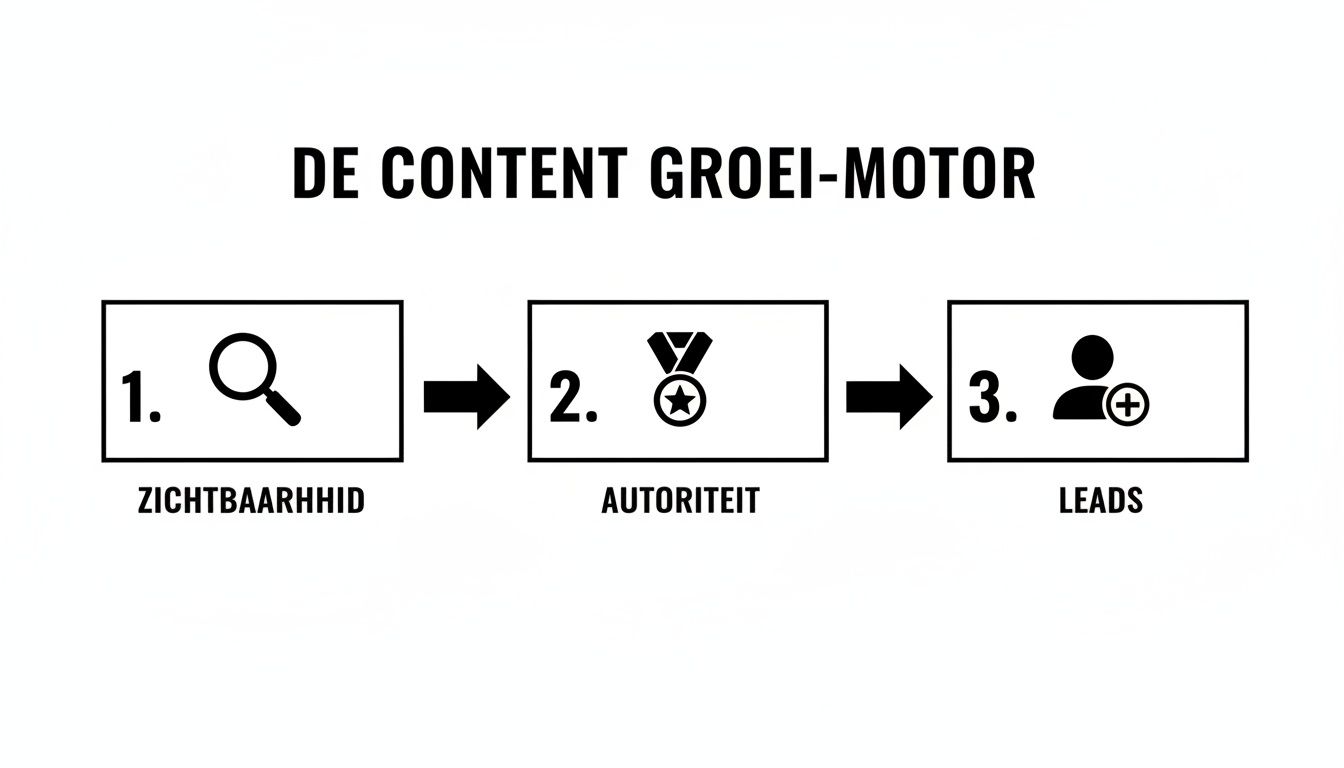Schema van de content groeimotor: 1. Zichtbaarheid (vergrootglas), 2. Autoriteit (medaille), 3. Leads (gebruiker met plus).