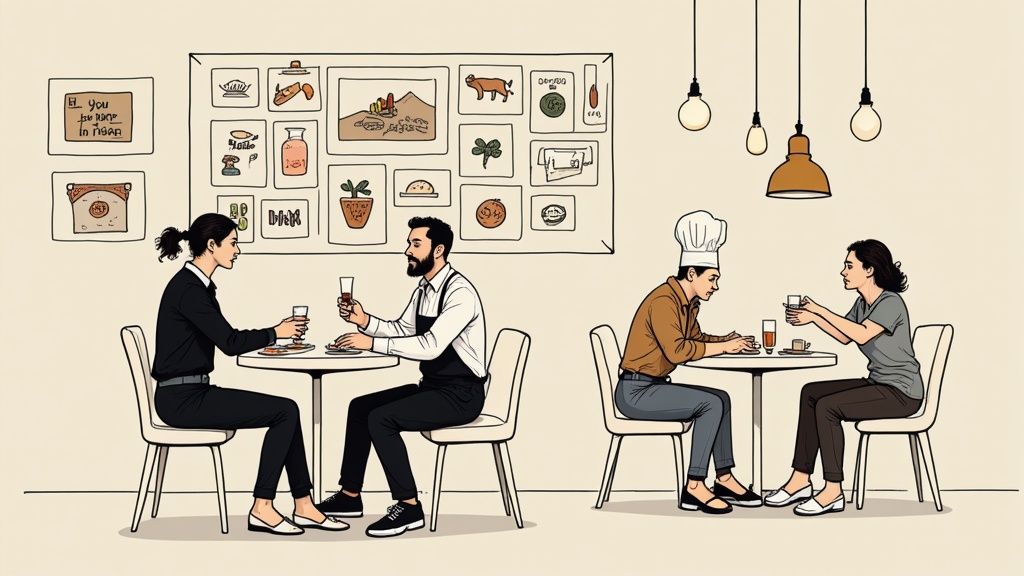 Illustratie van twee stellen die eten en drinken in een gezellig restaurant, met wanddecoraties en hanglampen.