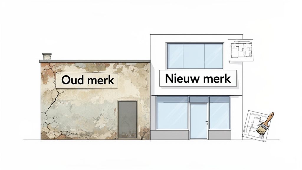 Afbeelding van een oud, vervallen gebouw naast een modern, nieuw gebouw, symboliseert rebranding van 'oud merk' naar 'nieuw merk'.