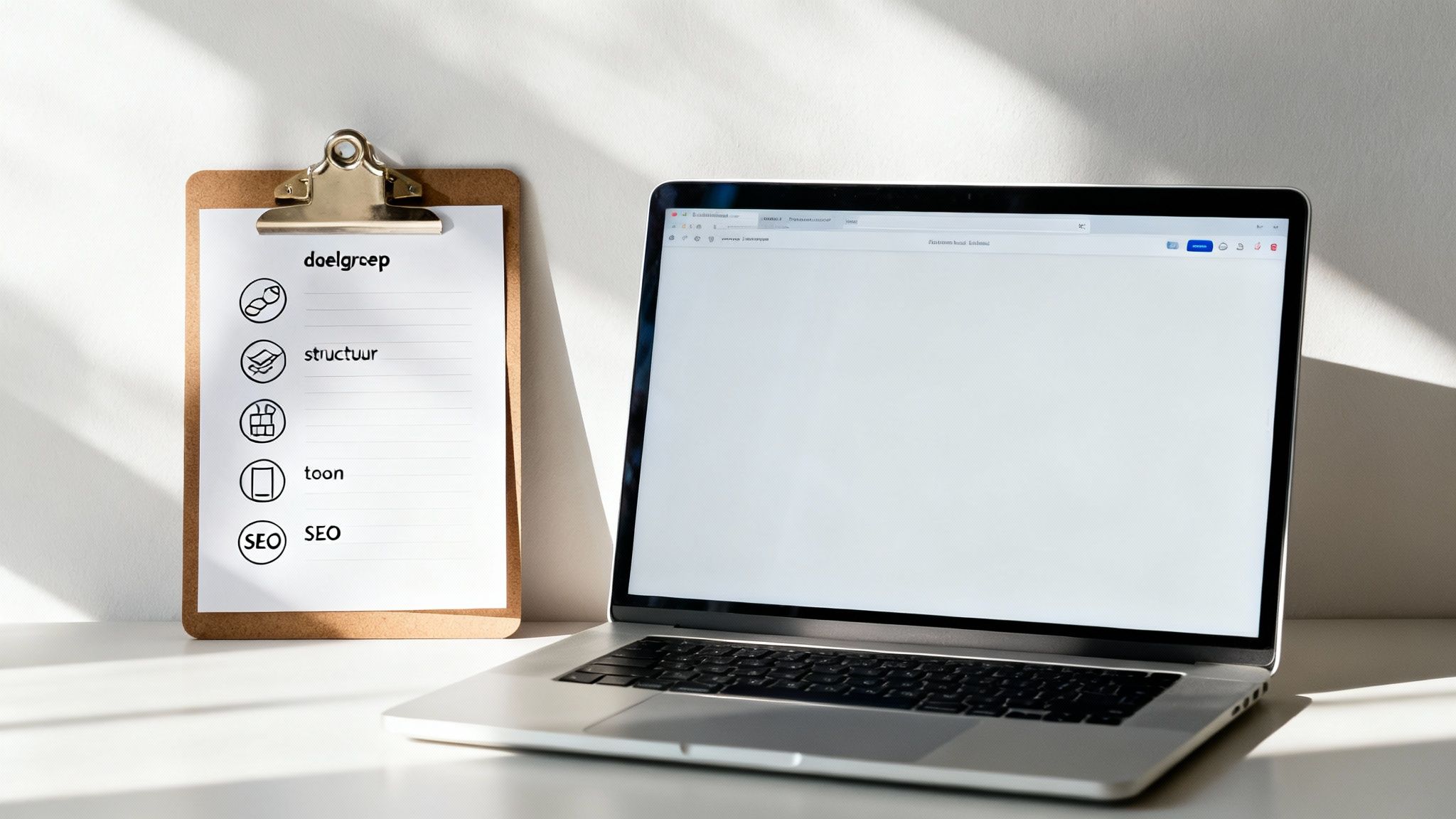 Een overzicht van een bureau met notities en een laptop, symbool voor het plannen van webteksten