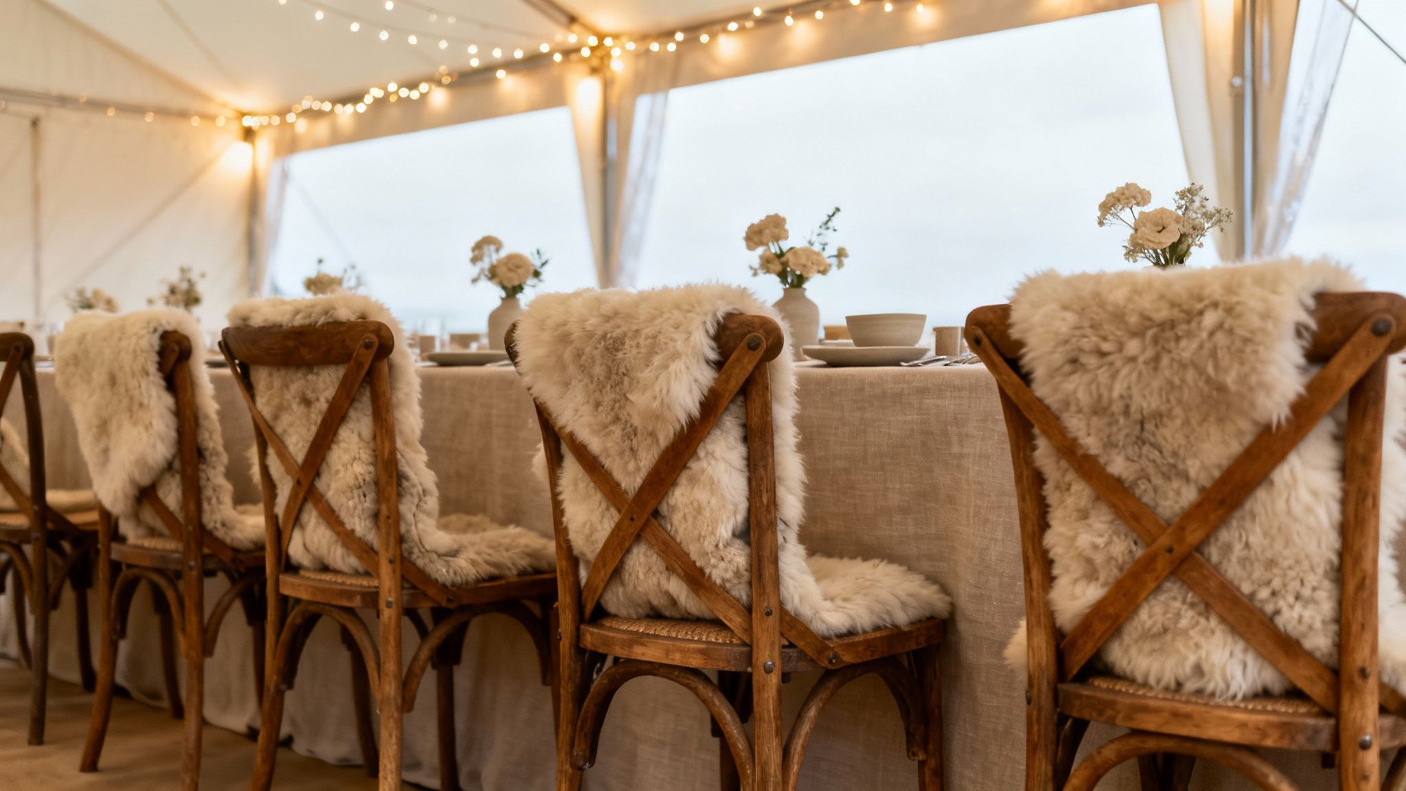 Lange tafel in een feesttent met houten stoelen, fluffy kussens, bloemvazen en sfeervolle verlichting.