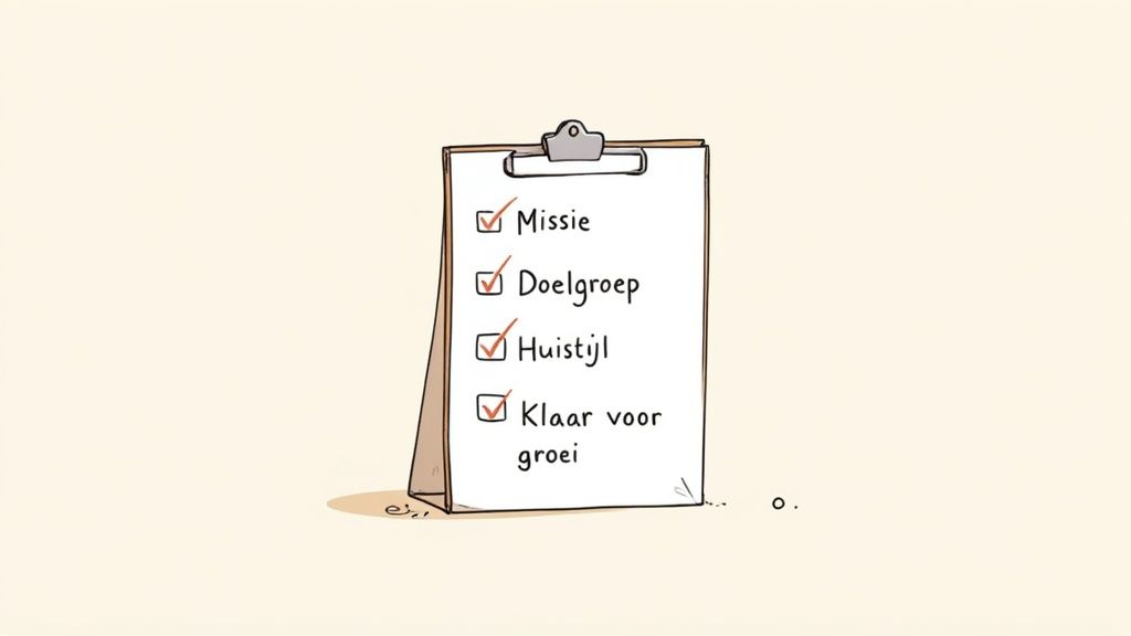 Een klembord met een afgevinkte checklist voor missie, doelgroep, huisstijl en groei.
