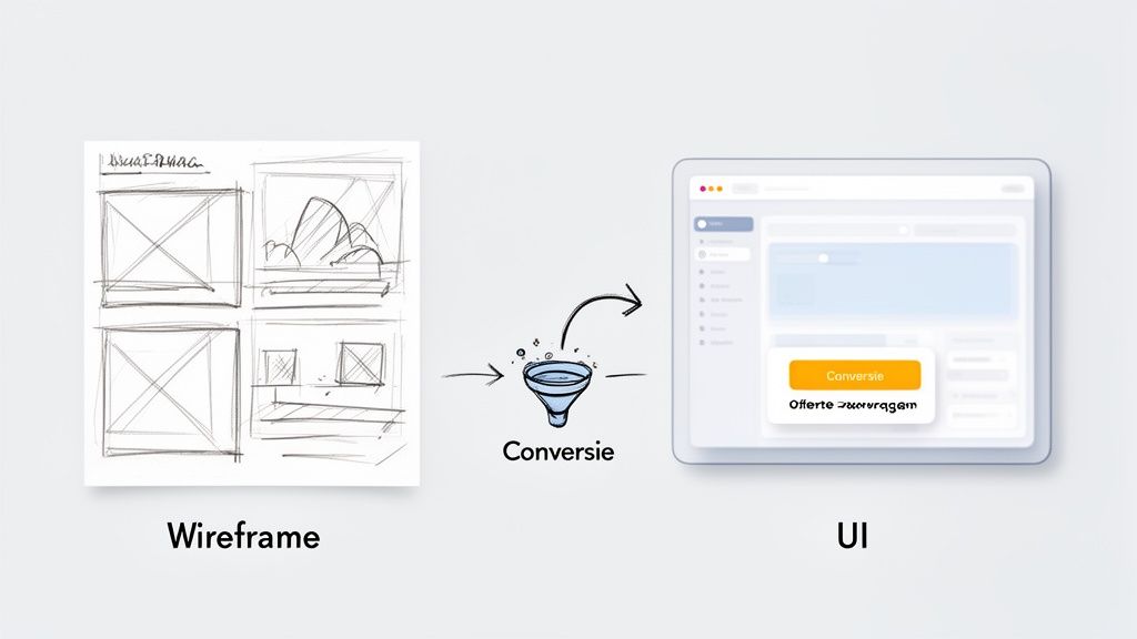 Visualisatie van het designproces: van schetsmatig draadframe naar gedetailleerde gebruikersinterface, inclusief een conversietrechter.