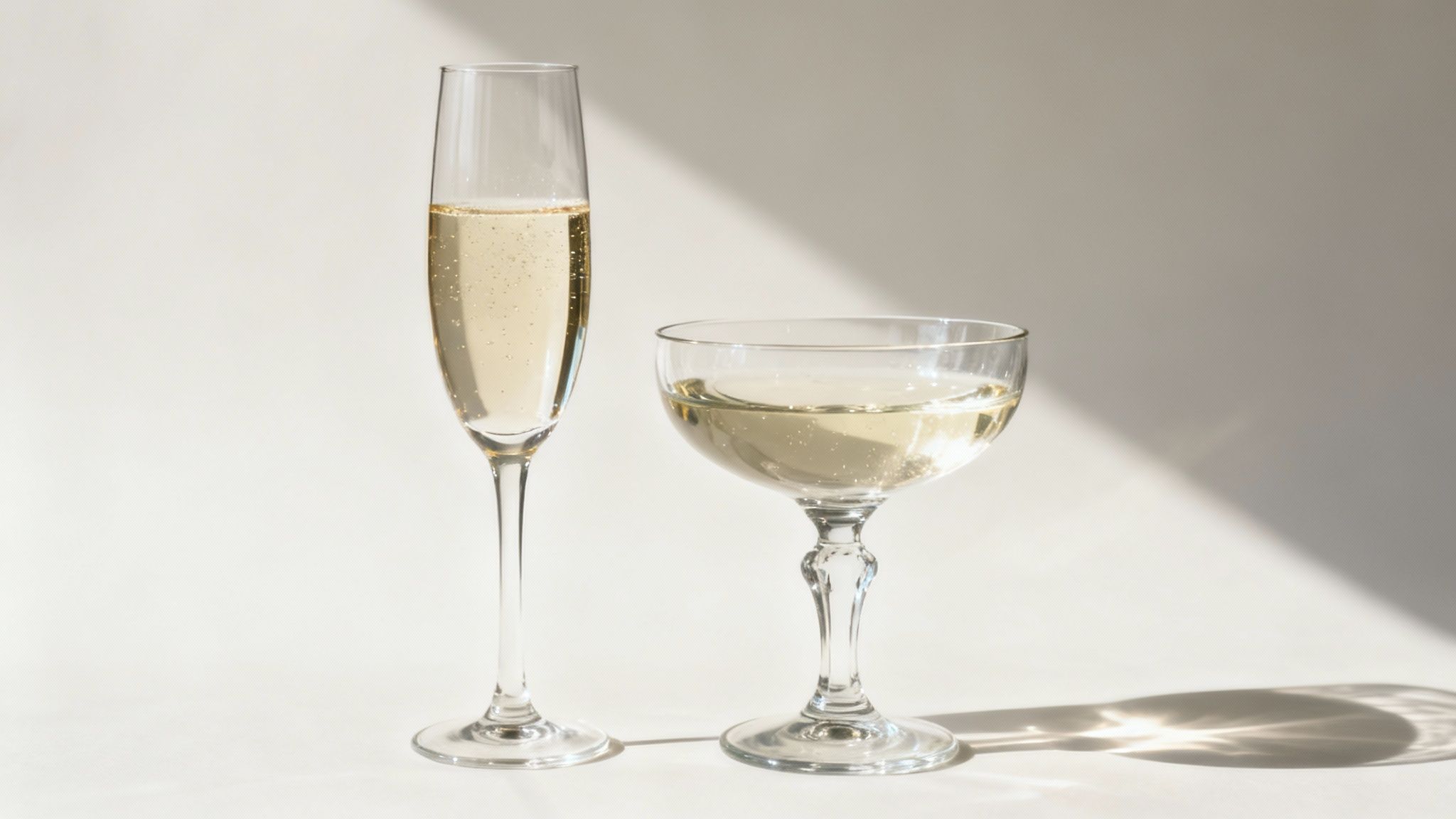 Twee champagneglazen, een flûte en een coupe, met bubbelende champagne en zachte schaduwen op een lichte achtergrond.