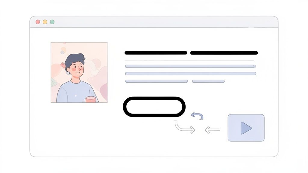 Een schematische weergave van een webpagina met een gebruikersprofiel, tekstvelden, een invoerveld en interactie-elementen.