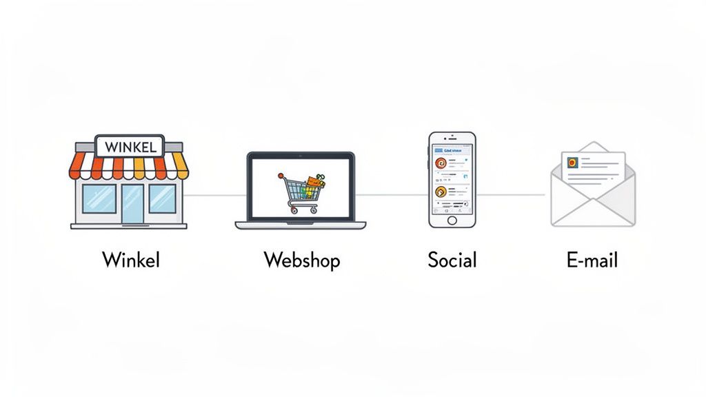 Illustratie van verschillende retailkanalen, inclusief een fysieke winkel, webshop, social media en e-mail.