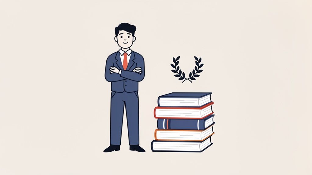 Een tekening van een man in pak met boeken en een lauwerkrans, symboliseert kennis en succes.