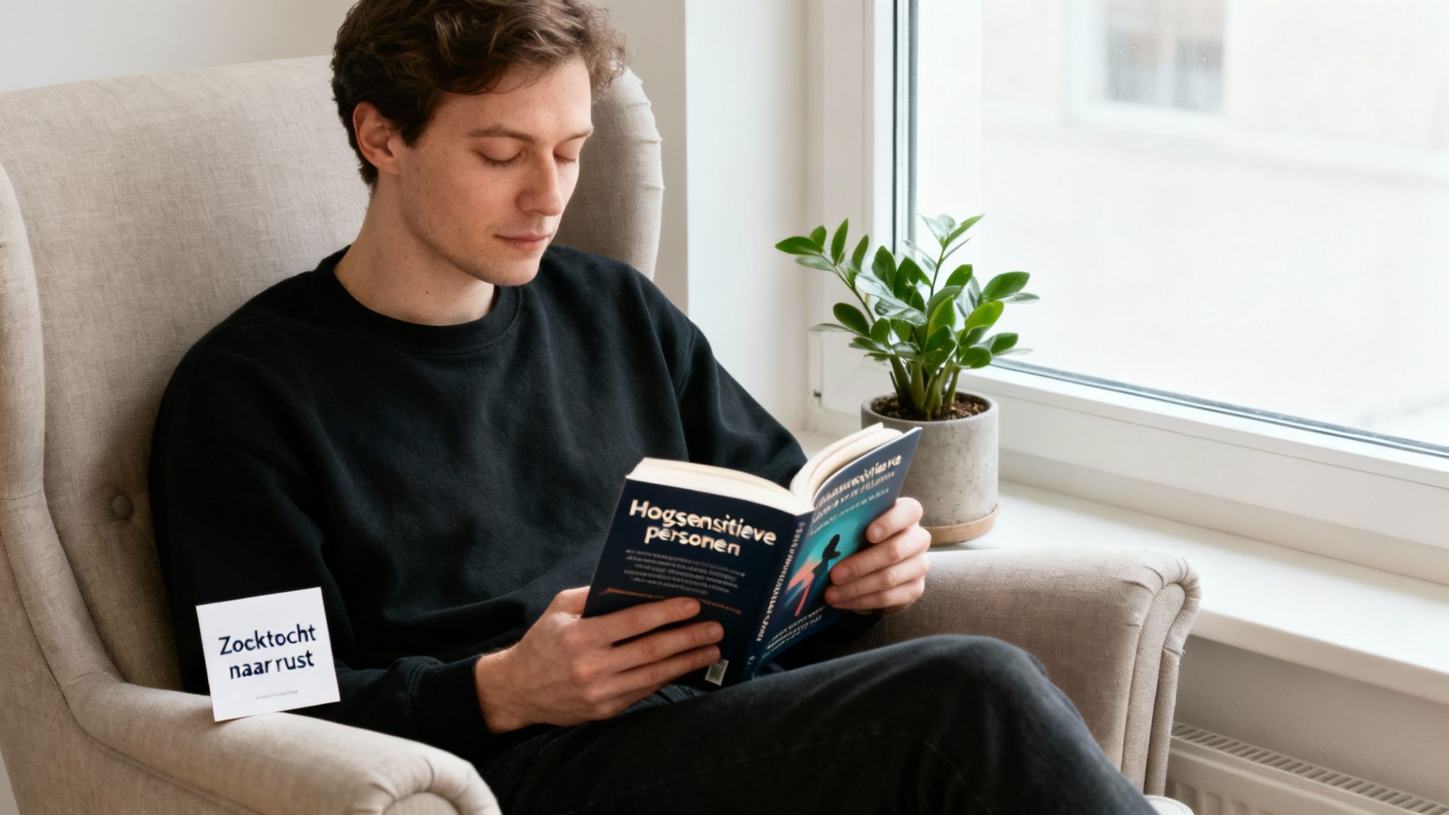 Een man leest aandachtig een boek over hoogsensitieve personen, zittend in een comfortabele fauteuil bij een raam met een plant.