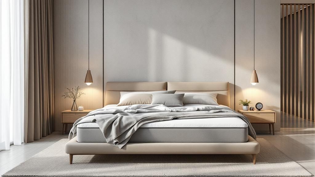 Een serene, opgeruimde slaapkamer met verduisterende gordijnen, een comfortabel bed en enkele planten.