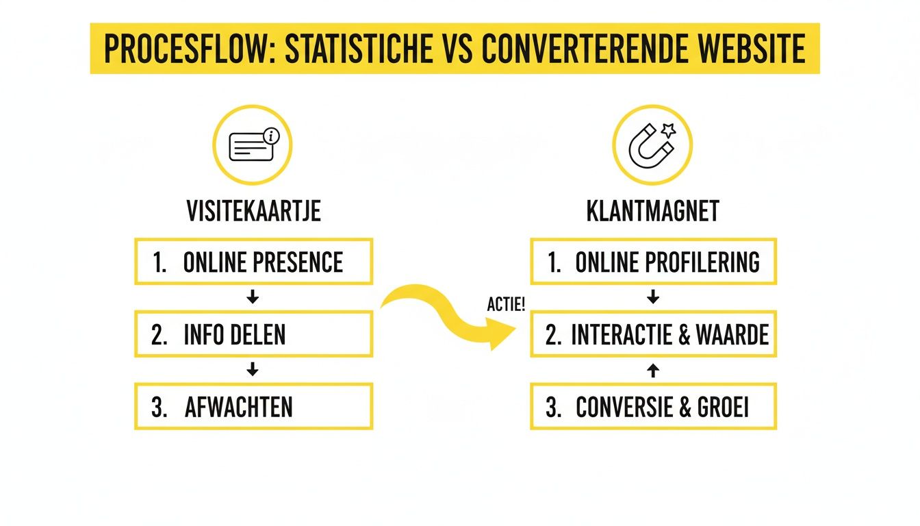 Procesflow vergelijking: visitekaartje website (online aanwezigheid, info delen, afwachten) versus klantmagneet website (online profilering, interactie, waarde, conversie, groei).