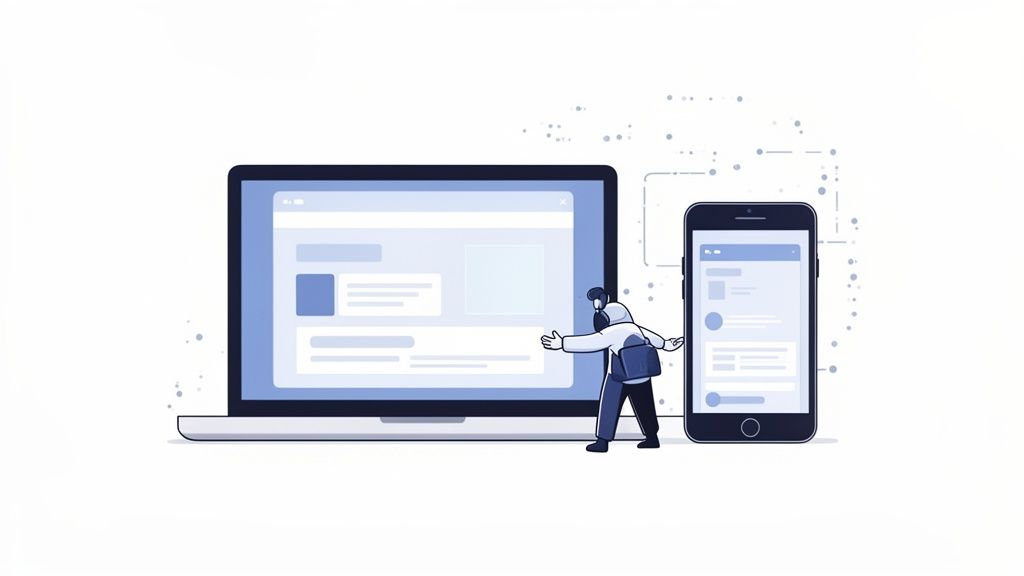 Een persoon gebaart naar een laptop en een smartphone die responsieve webinhoud tonen, met dataverbindingen op de achtergrond.