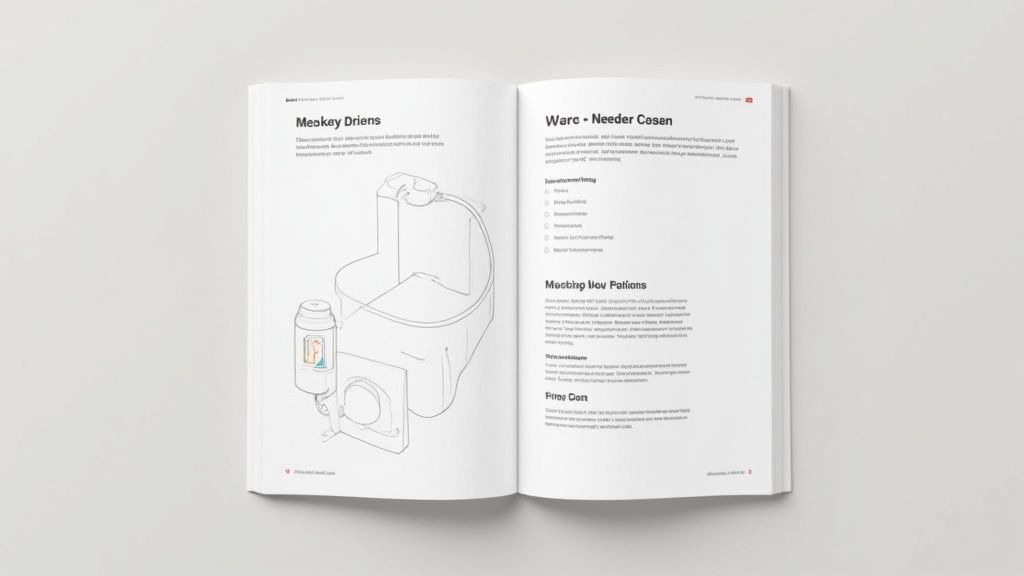 Open brandboek met productillustratie en technische instructies op twee pagina's, gepresenteerd op een witte ondergrond.