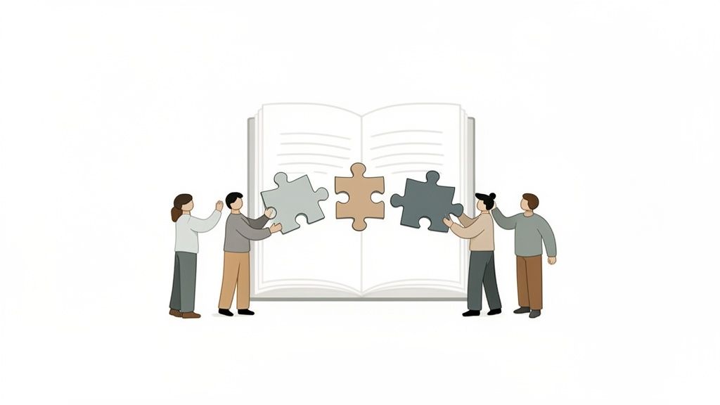 Vijf mensen plaatsen samen drie puzzelstukken in een open boek, wat kennisdeling en samenwerking symboliseert.