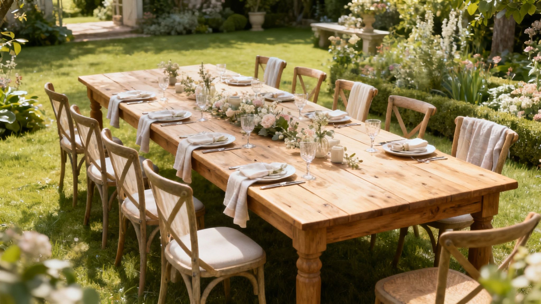 Een prachtig gedekte tafel voor tien personen in een sfeervolle buitenomgeving.